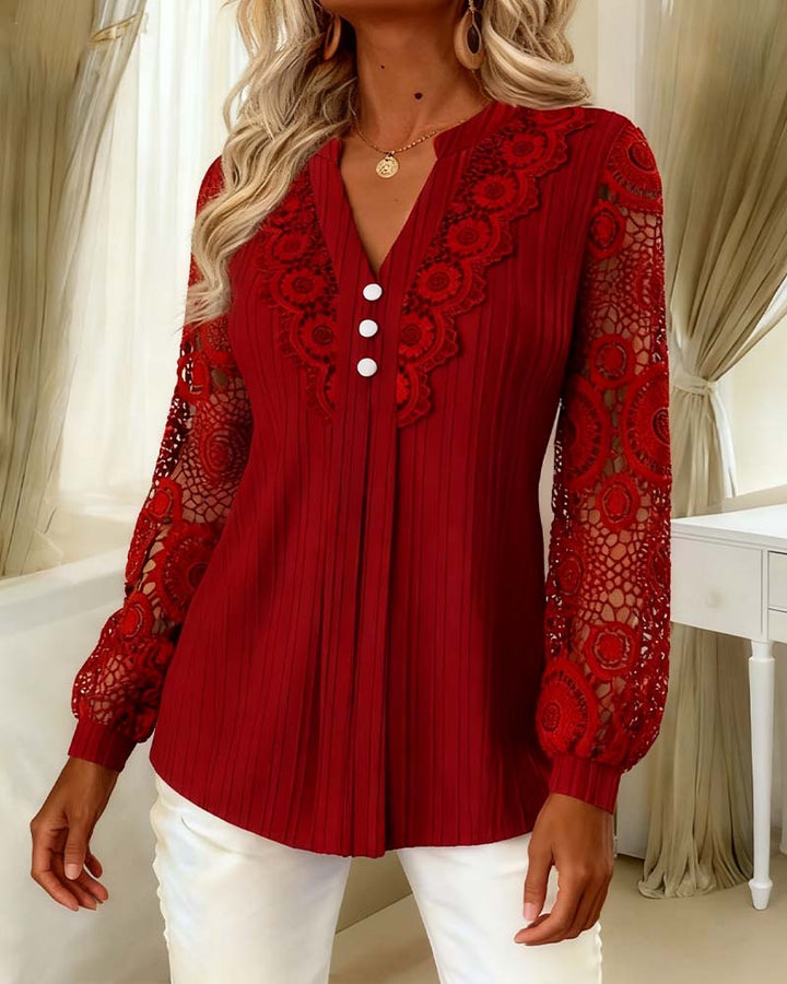 Blouse Dentelle Panneaux Manches Longues Col V