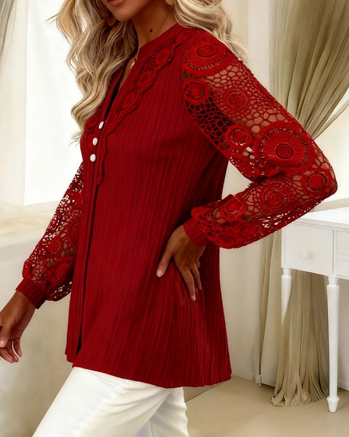 Blouse Dentelle Panneaux Manches Longues Col V