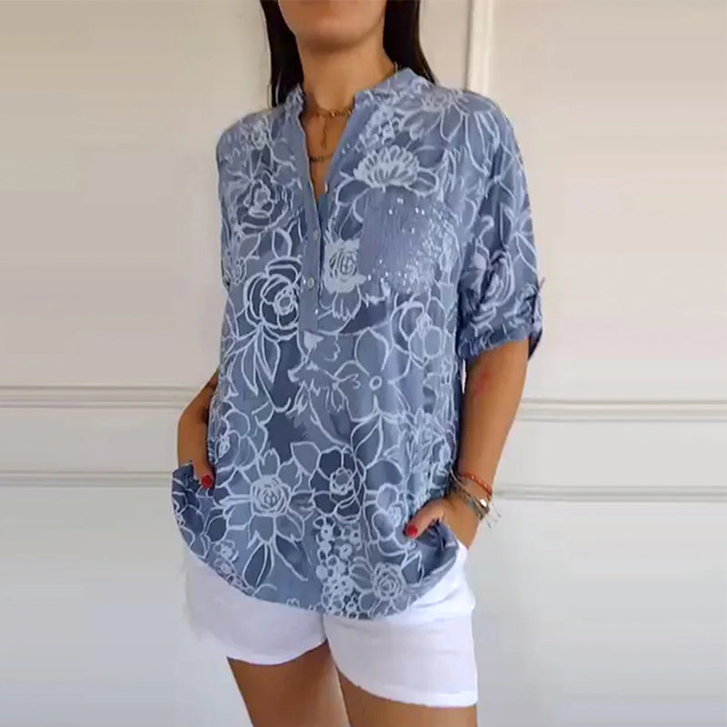 Blouse Col V Boutonnée Imprimée