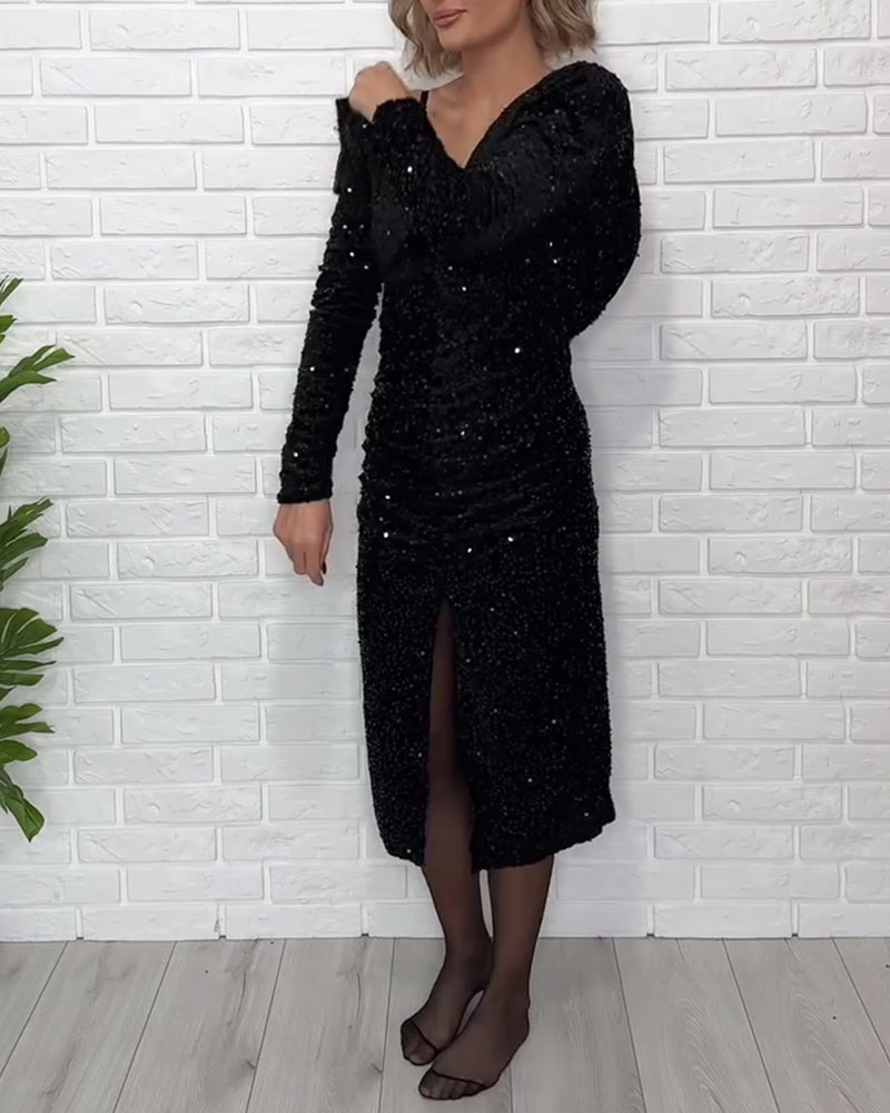 Robe Col V Paillettes Fente Soirée