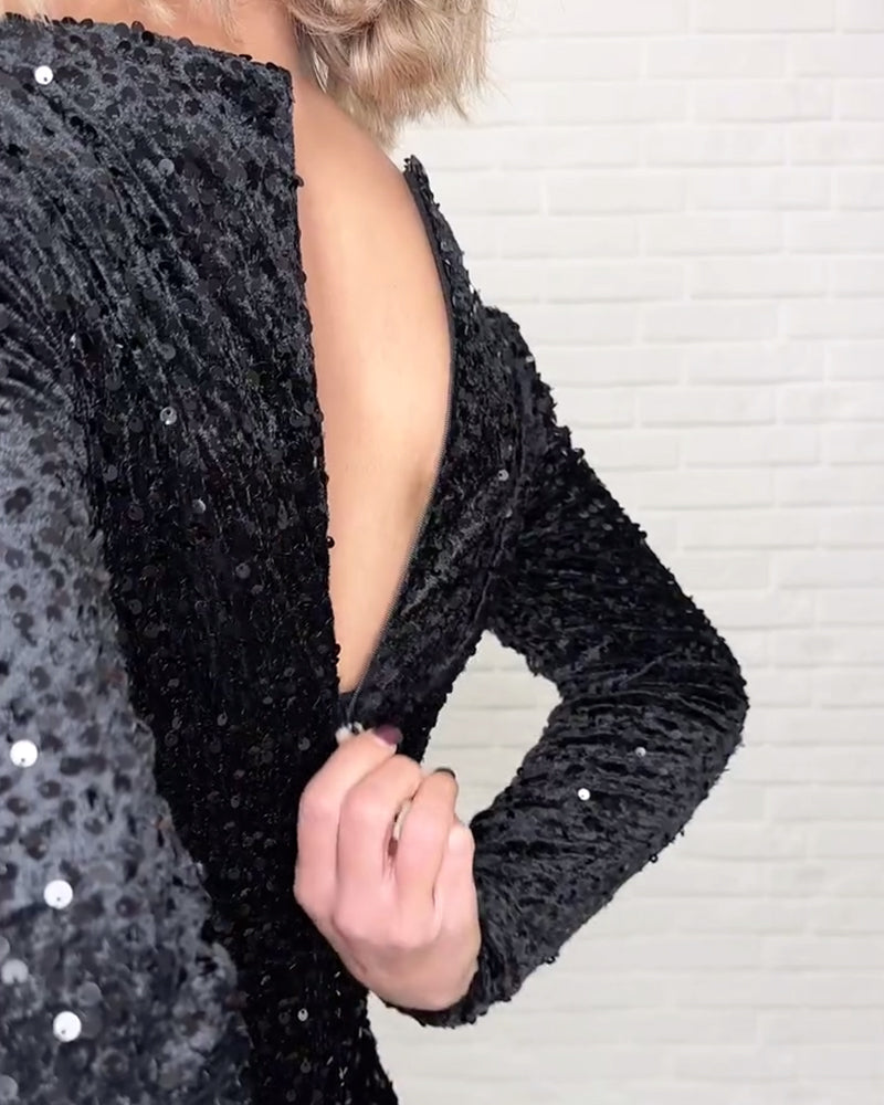 Robe Col V Paillettes Fente Soirée